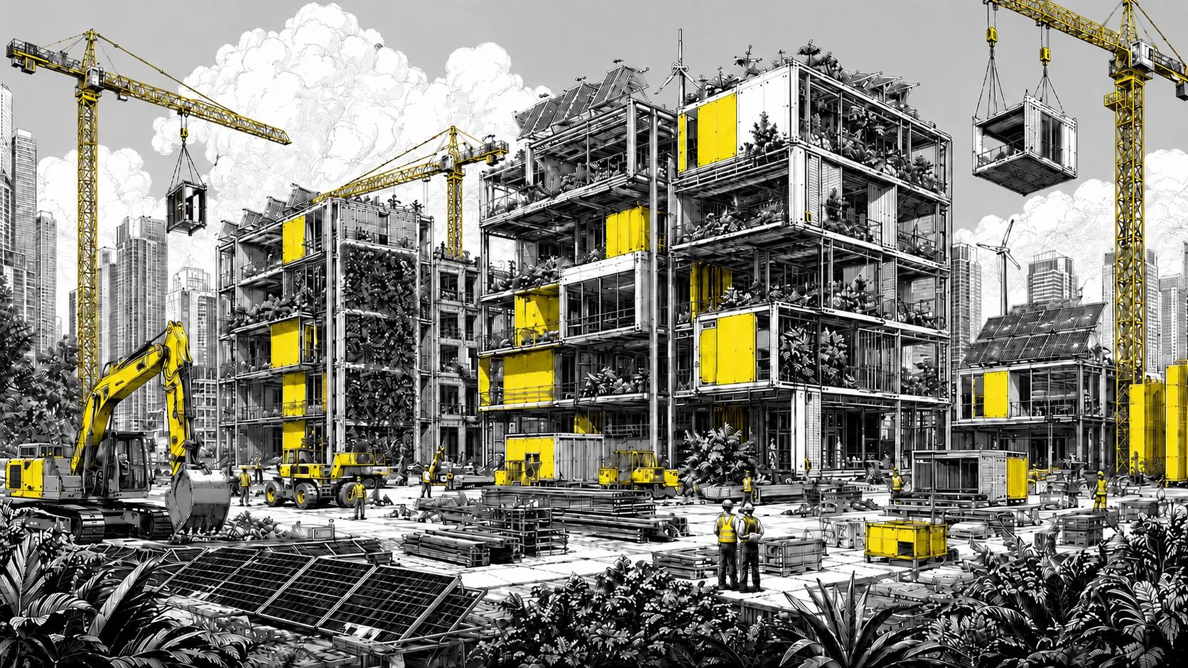 Green modular buildings under construction with cranes